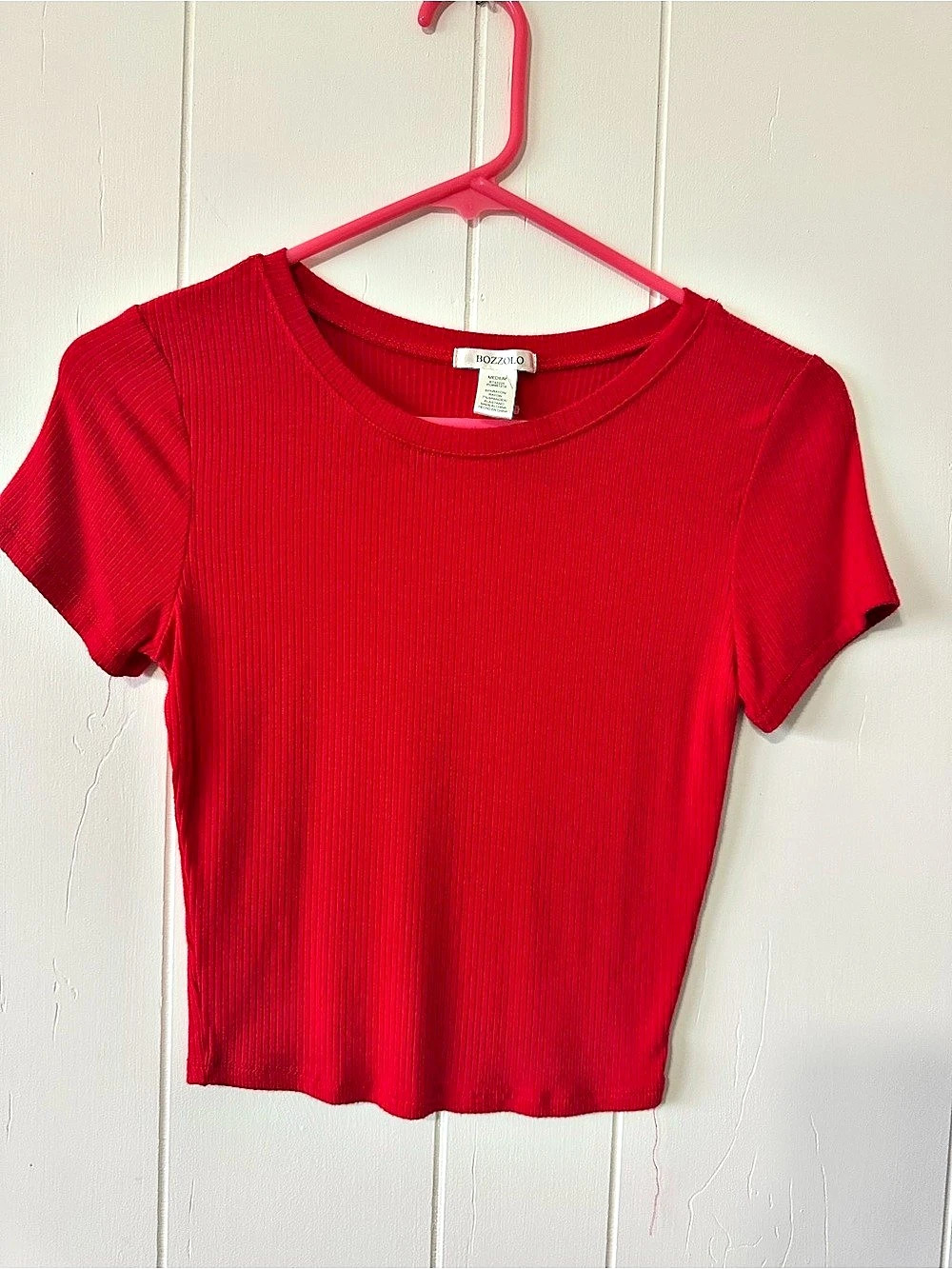 Bozzolo Ribbed Short Sleeve Crew Neck Crop Top Red Medium